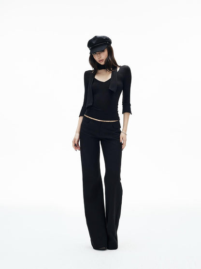 iamxiaa Ribbed Knit Tie Neck V-neck Women&
