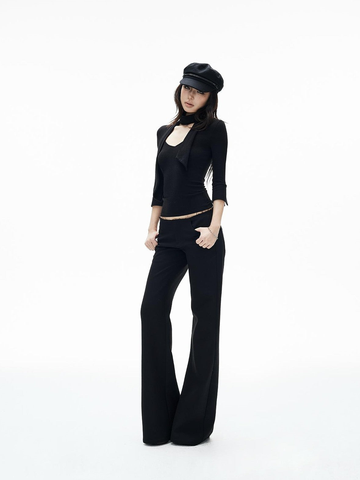 iamxiaa Ribbed Knit Tie Neck V-neck Women&