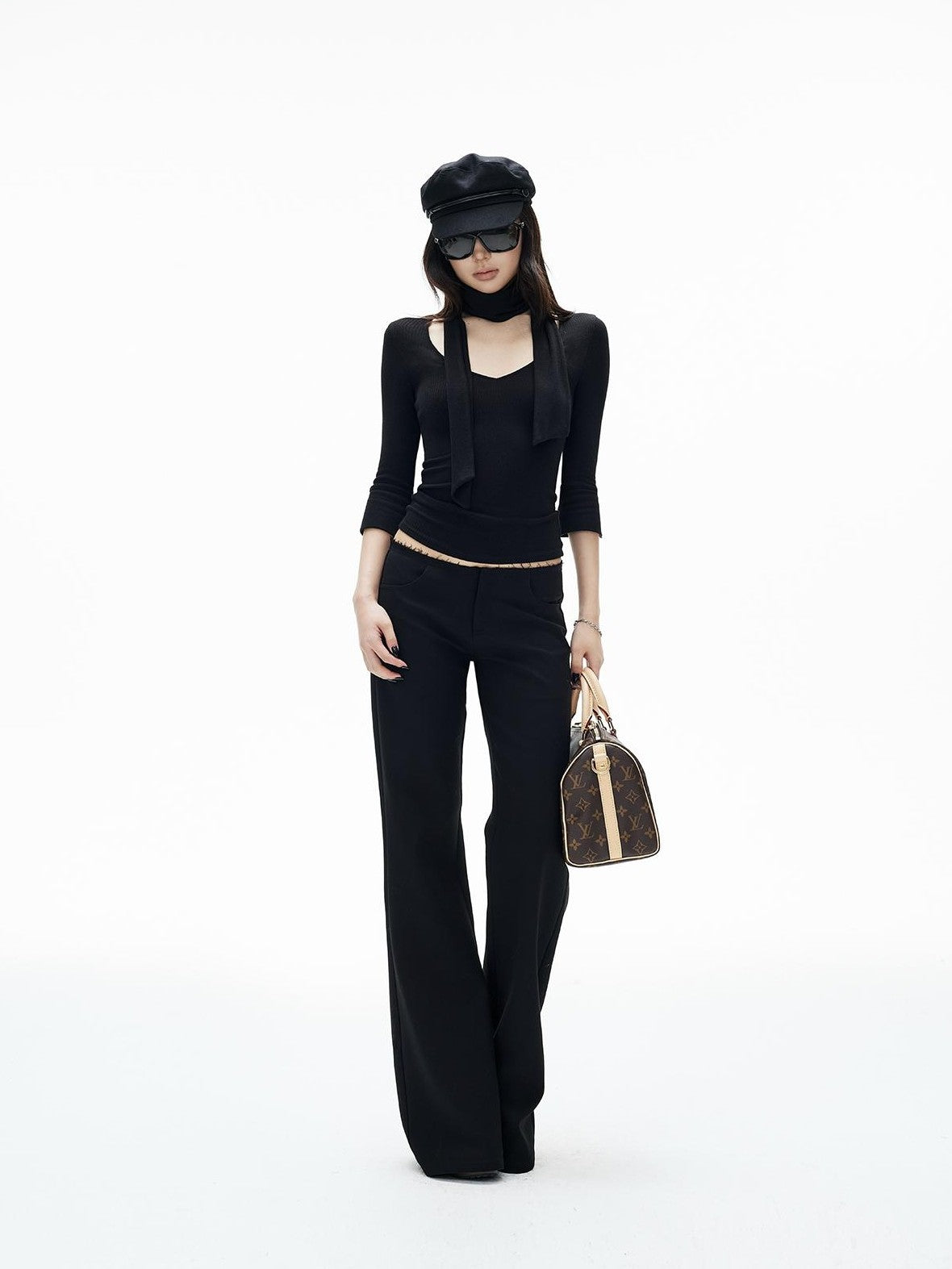 iamxiaa Ribbed Knit Tie Neck V-neck Women&
