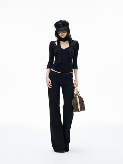 iamxiaa Ribbed Knit Tie Neck V-neck Women&