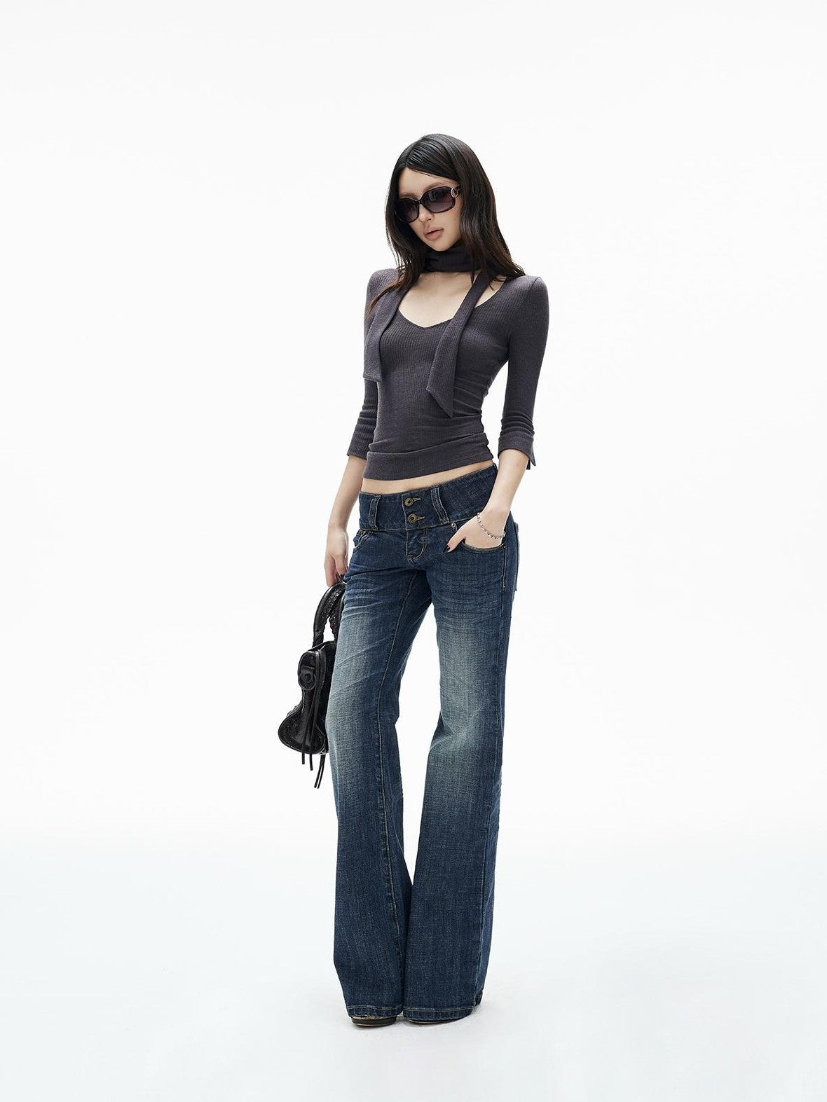 iamxiaa Ribbed Knit Tie Neck V-neck Women&