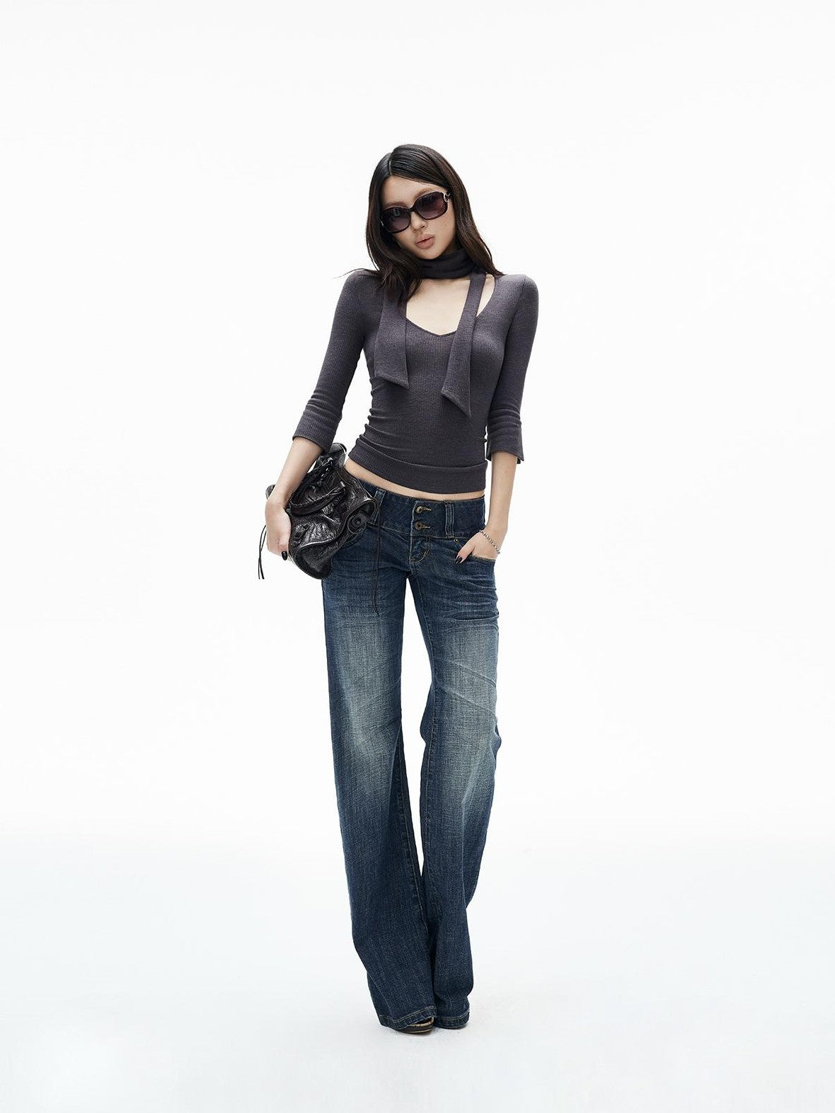 iamxiaa Ribbed Knit Tie Neck V-neck Women&
