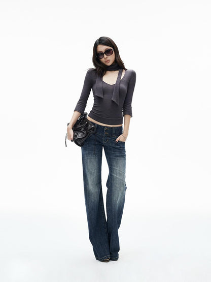 iamxiaa Ribbed Knit Tie Neck V-neck Women&
