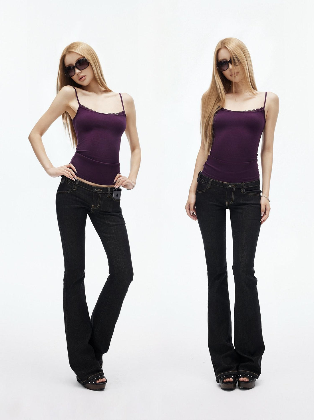 iamxiaa Ribbed Square Neck Lace Trim Women&