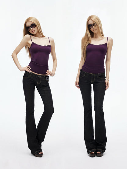 iamxiaa Ribbed Square Neck Lace Trim Women&