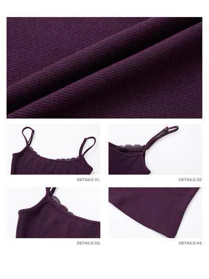 iamxiaa Ribbed Square Neck Lace Trim Women&