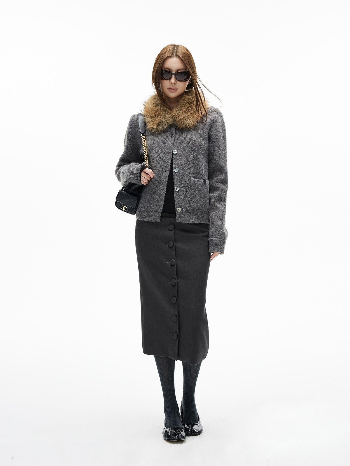 iamxiaa Ribbed Textured Faux Fur Collar Shell Button Wool Blend Women&