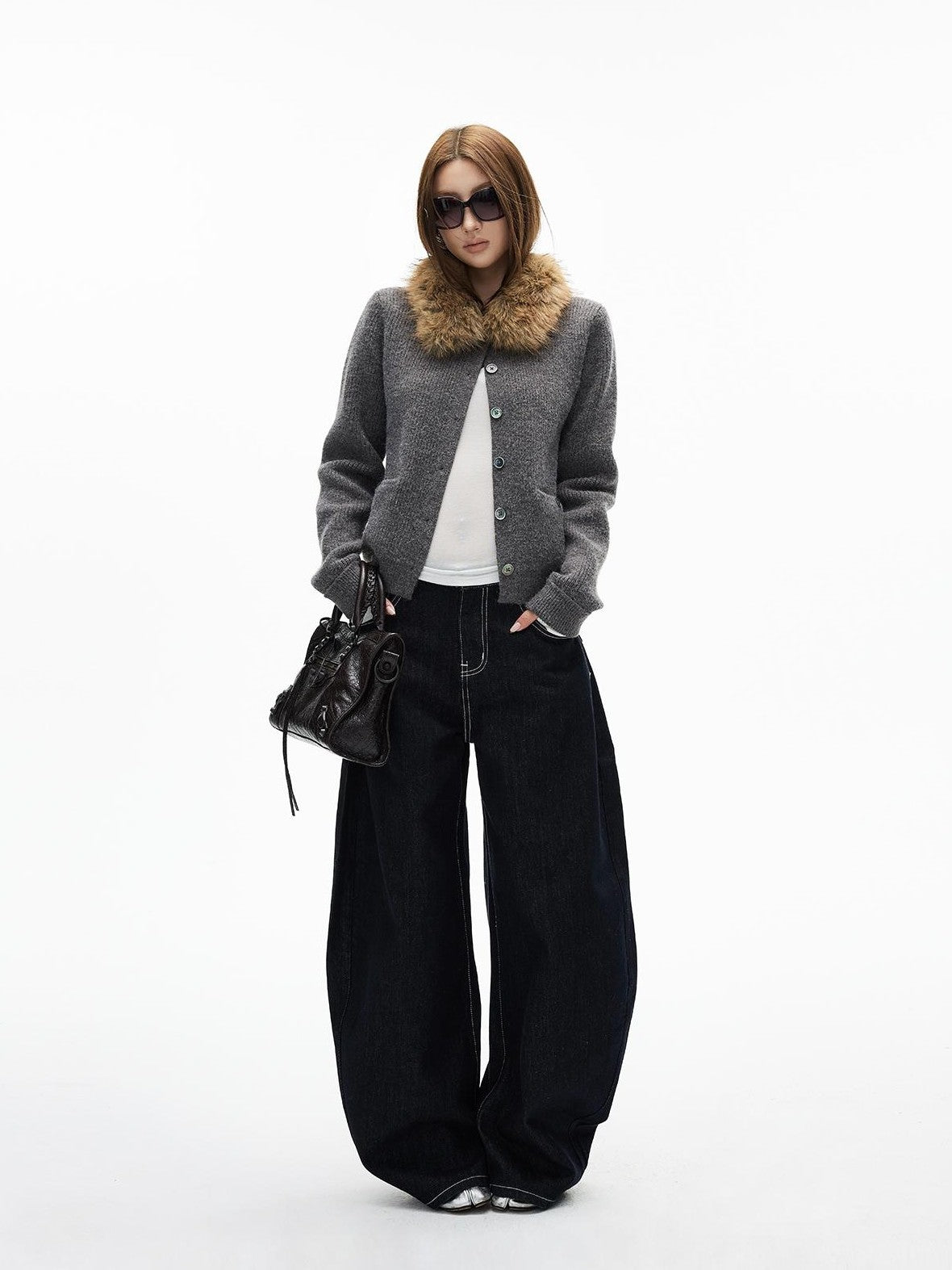 iamxiaa Ribbed Textured Faux Fur Collar Shell Button Wool Blend Women&