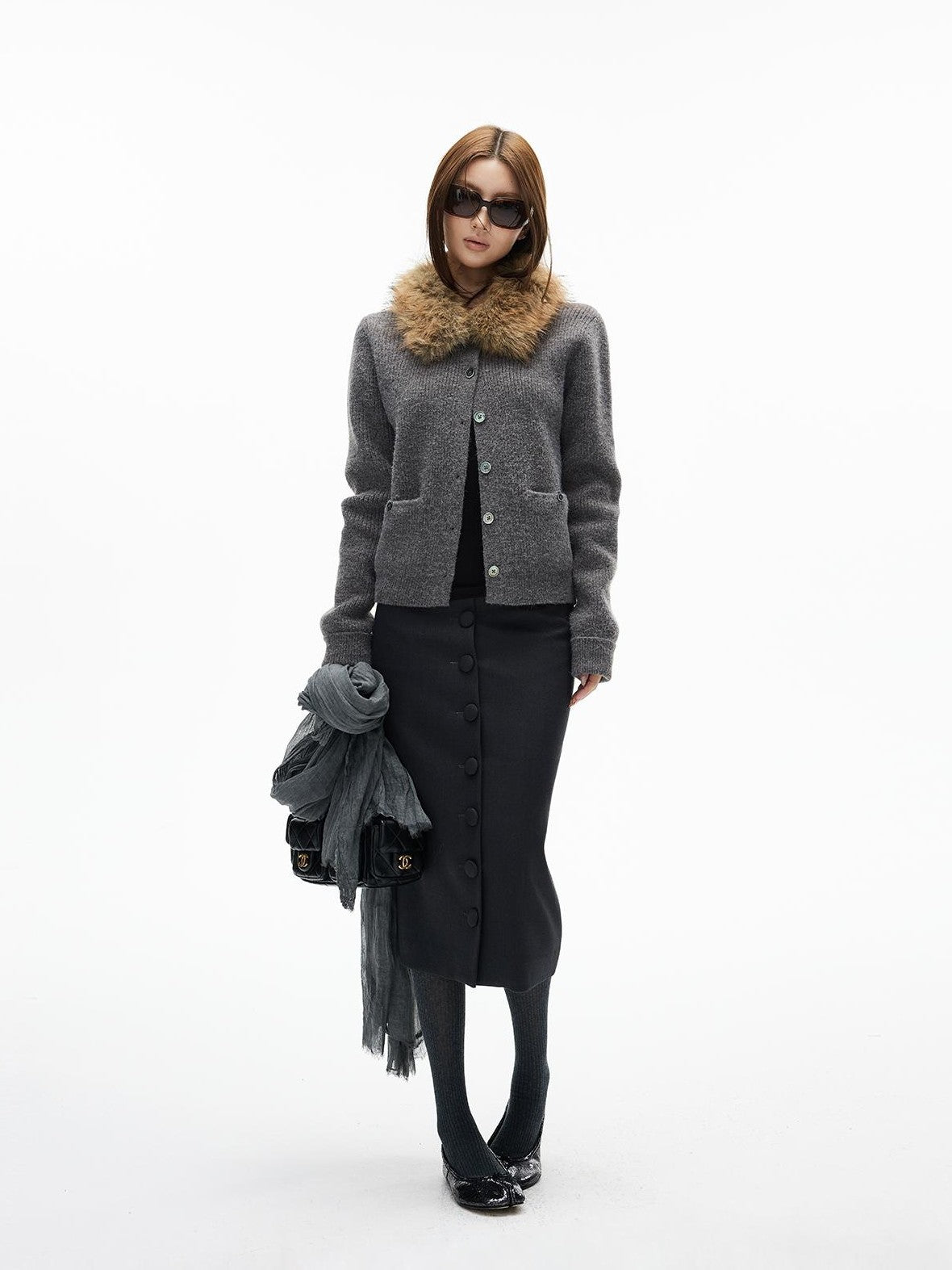iamxiaa Ribbed Textured Faux Fur Collar Shell Button Wool Blend Women&