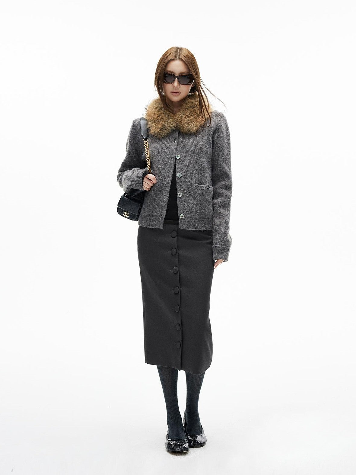 iamxiaa Ribbed Textured Faux Fur Collar Shell Button Wool Blend Women&