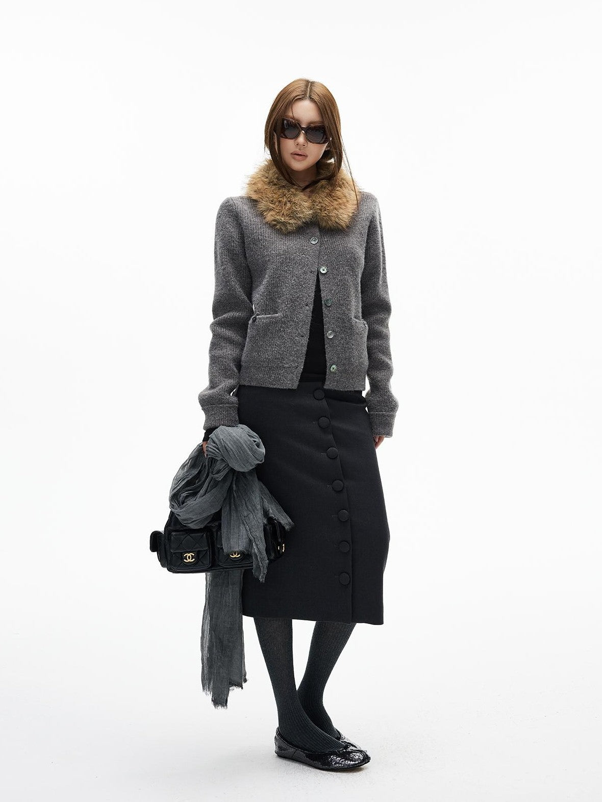 iamxiaa Ribbed Textured Faux Fur Collar Shell Button Wool Blend Women&