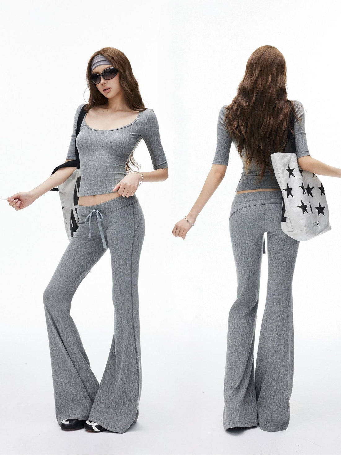 iamxiaa Ribbed U Neck Slim Fit Low Waist Flare Women&