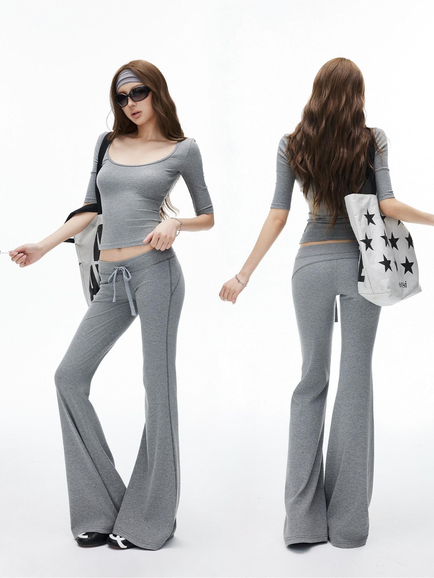 iamxiaa Ribbed U Neck Slim Fit Low Waist Flare Women&