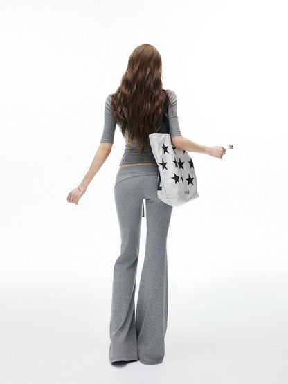 iamxiaa Ribbed U Neck Slim Fit Low Waist Flare Women&