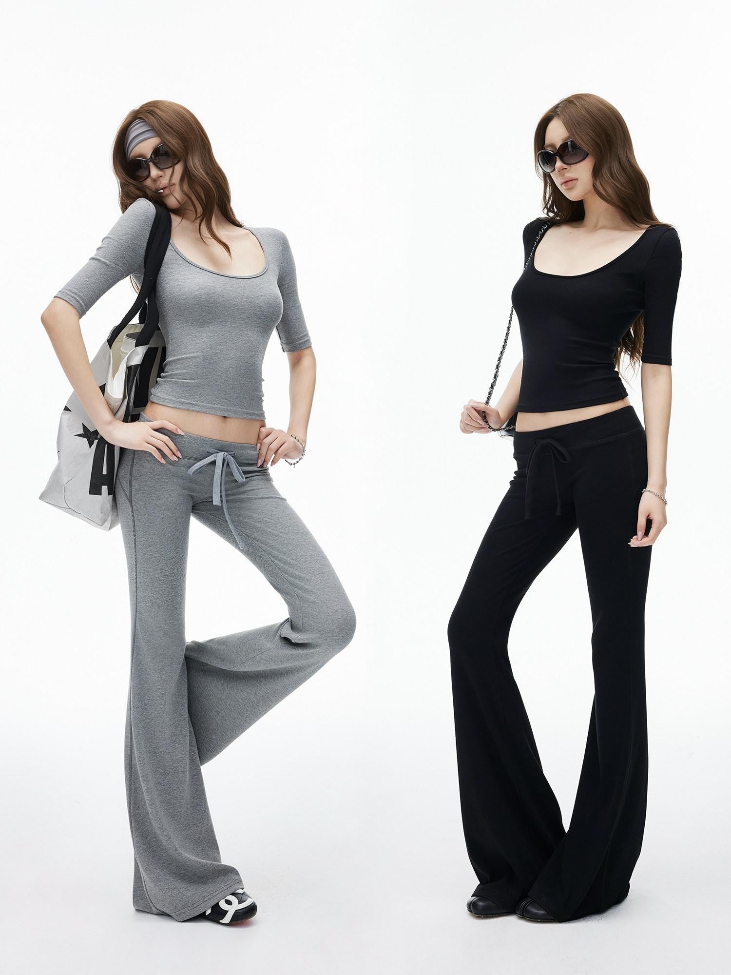 iamxiaa Ribbed U Neck Slim Fit Low Waist Flare Women&