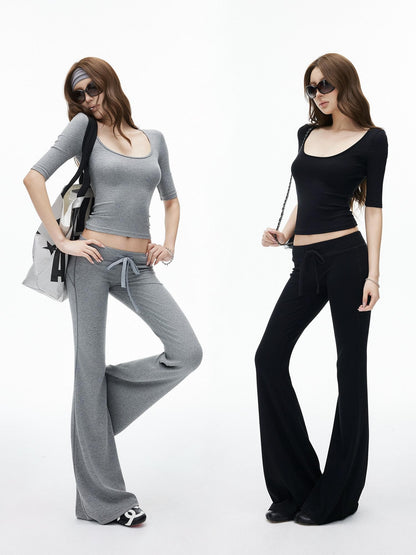 iamxiaa Ribbed U Neck Slim Fit Low Waist Flare Women&