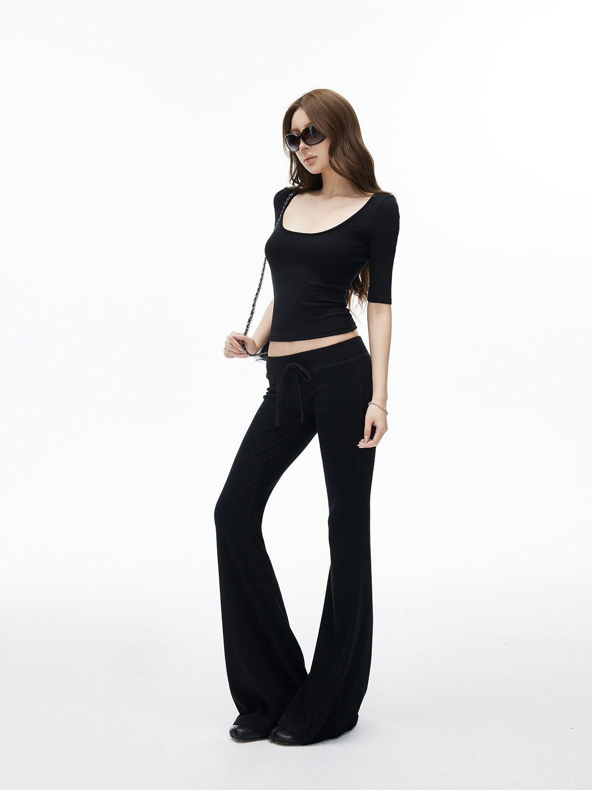 iamxiaa Ribbed U Neck Slim Fit Low Waist Flare Women&