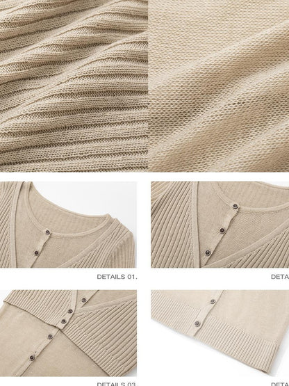 iamxiaa Ribbed V-neck Button Faux Two Piece Slim Fit Knit Women&