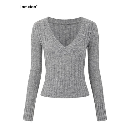 iamxiaa_Ribbed_V-neck_Soft_Fuzzy_Yarn_Vintage_Slim_Cropped_Women&