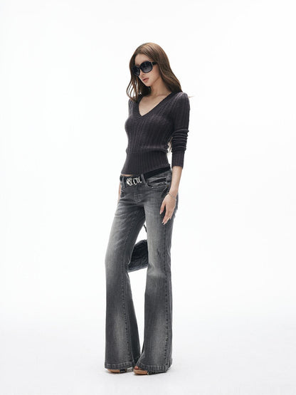 iamxiaa Ribbed V-neck Soft Fuzzy Yarn Vintage Slim Cropped Women&