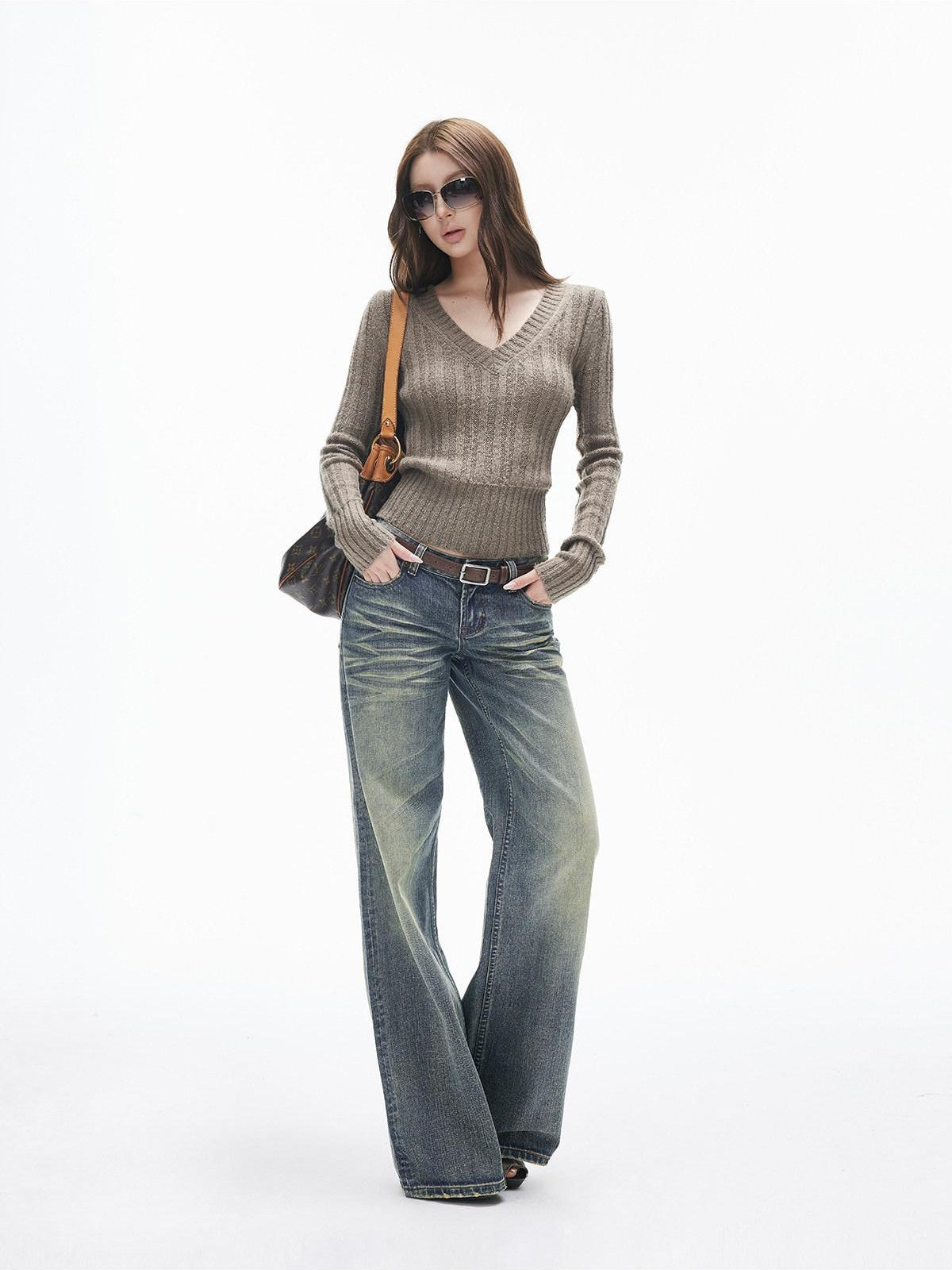 iamxiaa Ribbed V-neck Soft Fuzzy Yarn Vintage Slim Cropped Women&
