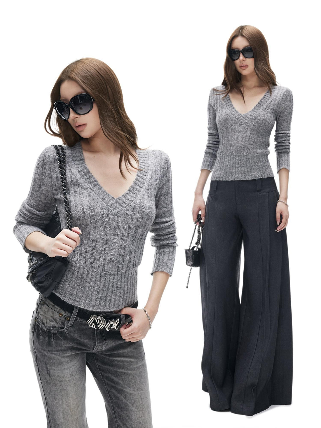 iamxiaa Ribbed V-neck Soft Fuzzy Yarn Vintage Slim Cropped Women&