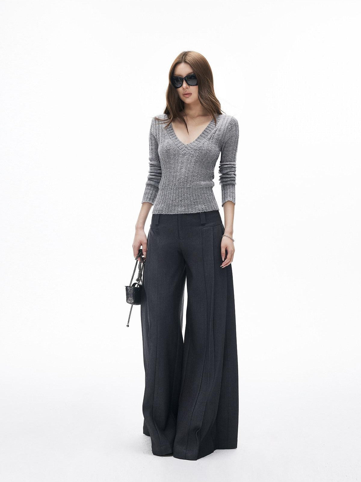 iamxiaa Ribbed V-neck Soft Fuzzy Yarn Vintage Slim Cropped Women&