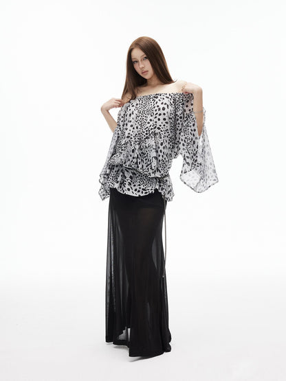 iamxiaa Ribbed Waist Back Slit Sheer Tulle Micro A Line Slim Women&