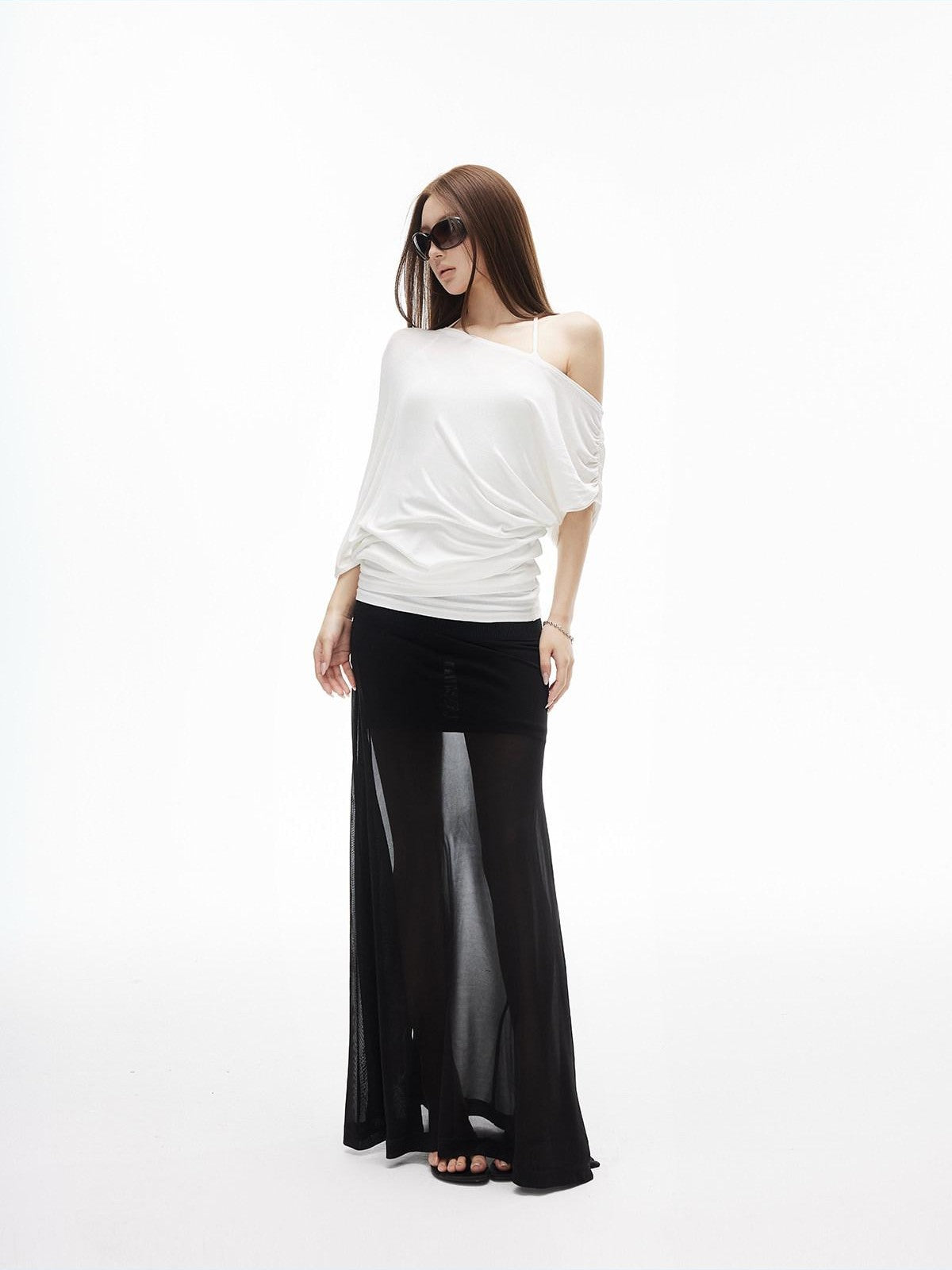 iamxiaa Ribbed Waist Back Slit Sheer Tulle Micro A Line Slim Women&