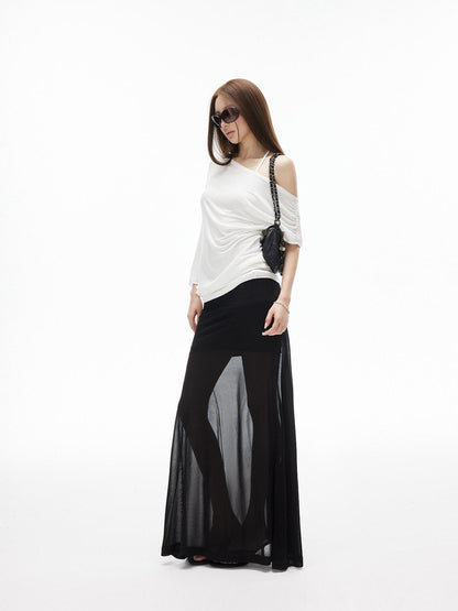 iamxiaa Ribbed Waist Back Slit Sheer Tulle Micro A Line Slim Women&