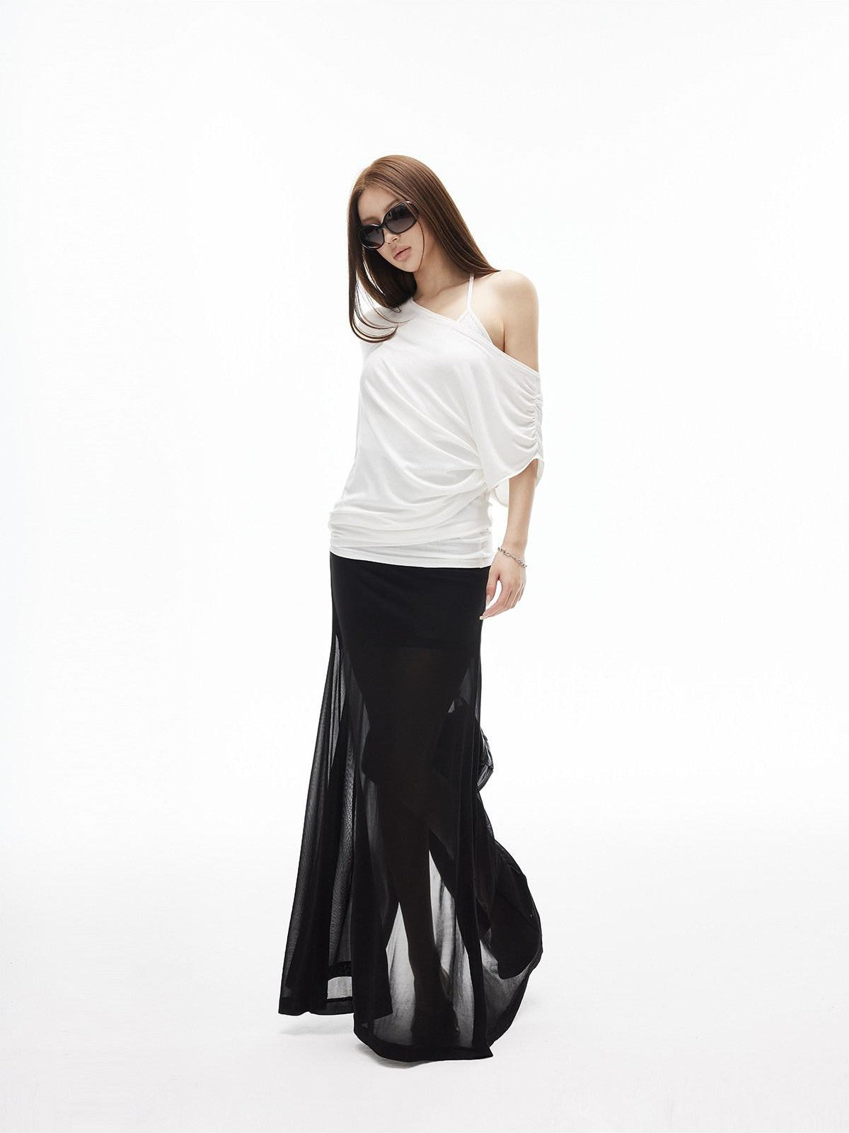 iamxiaa Ribbed Waist Back Slit Sheer Tulle Micro A Line Slim Women&