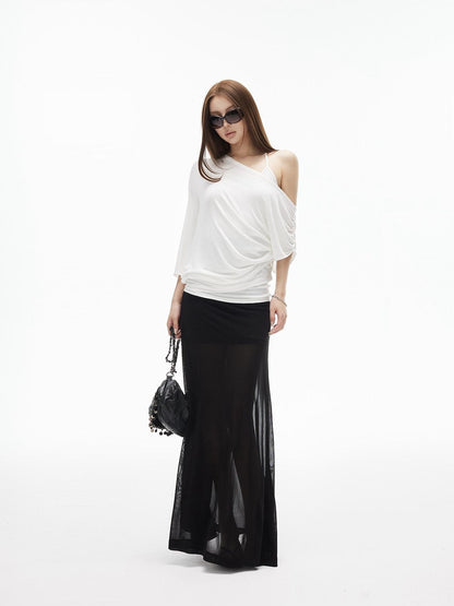 iamxiaa Ribbed Waist Back Slit Sheer Tulle Micro A Line Slim Women&