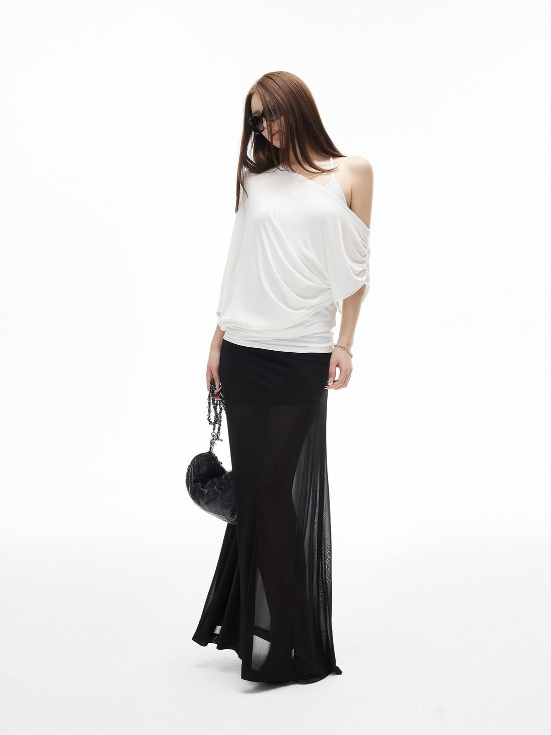 iamxiaa Ribbed Waist Back Slit Sheer Tulle Micro A Line Slim Women&