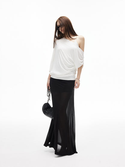 iamxiaa Ribbed Waist Back Slit Sheer Tulle Micro A Line Slim Women&