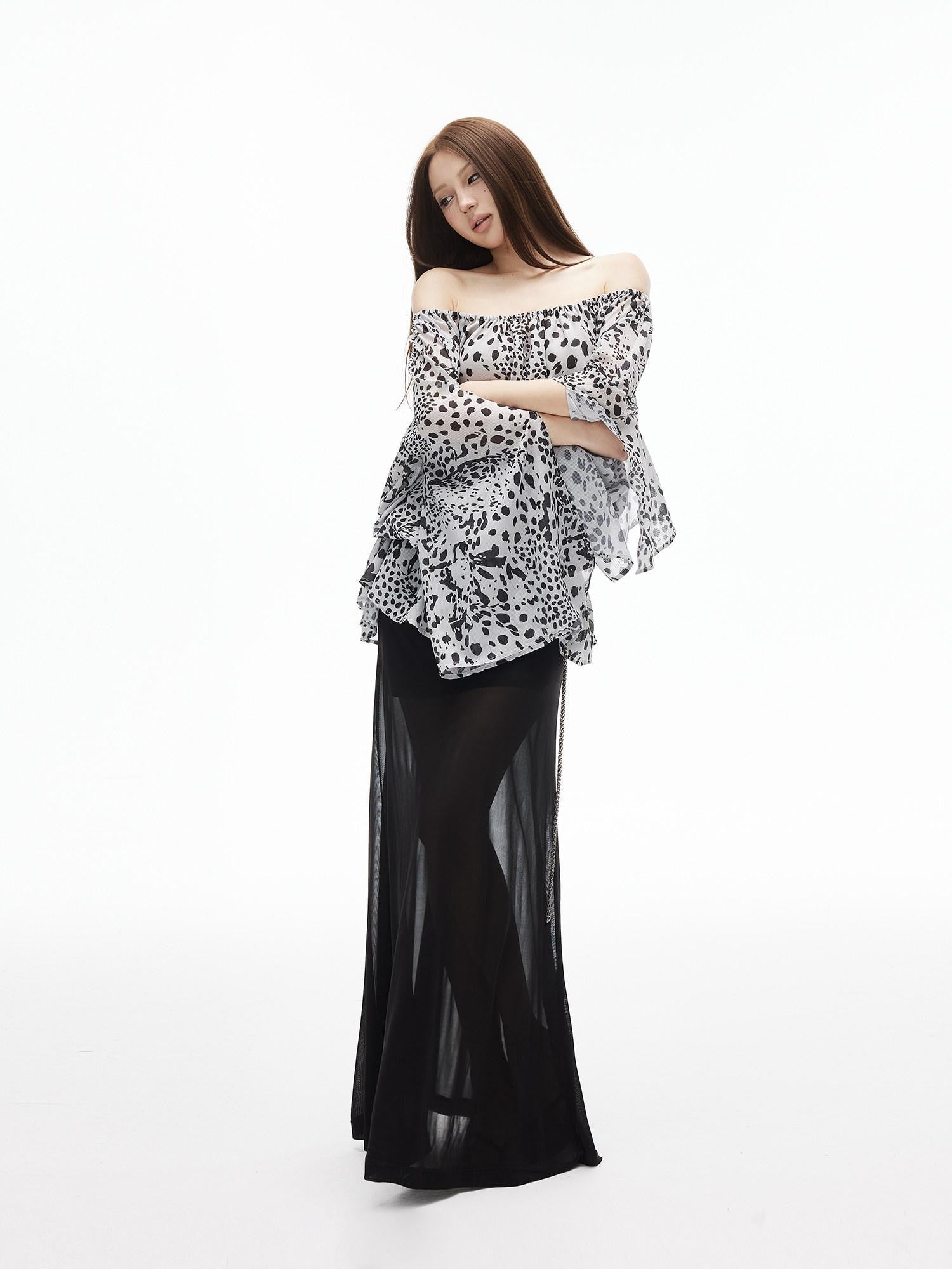 iamxiaa Ribbed Waist Back Slit Sheer Tulle Micro A Line Slim Women&