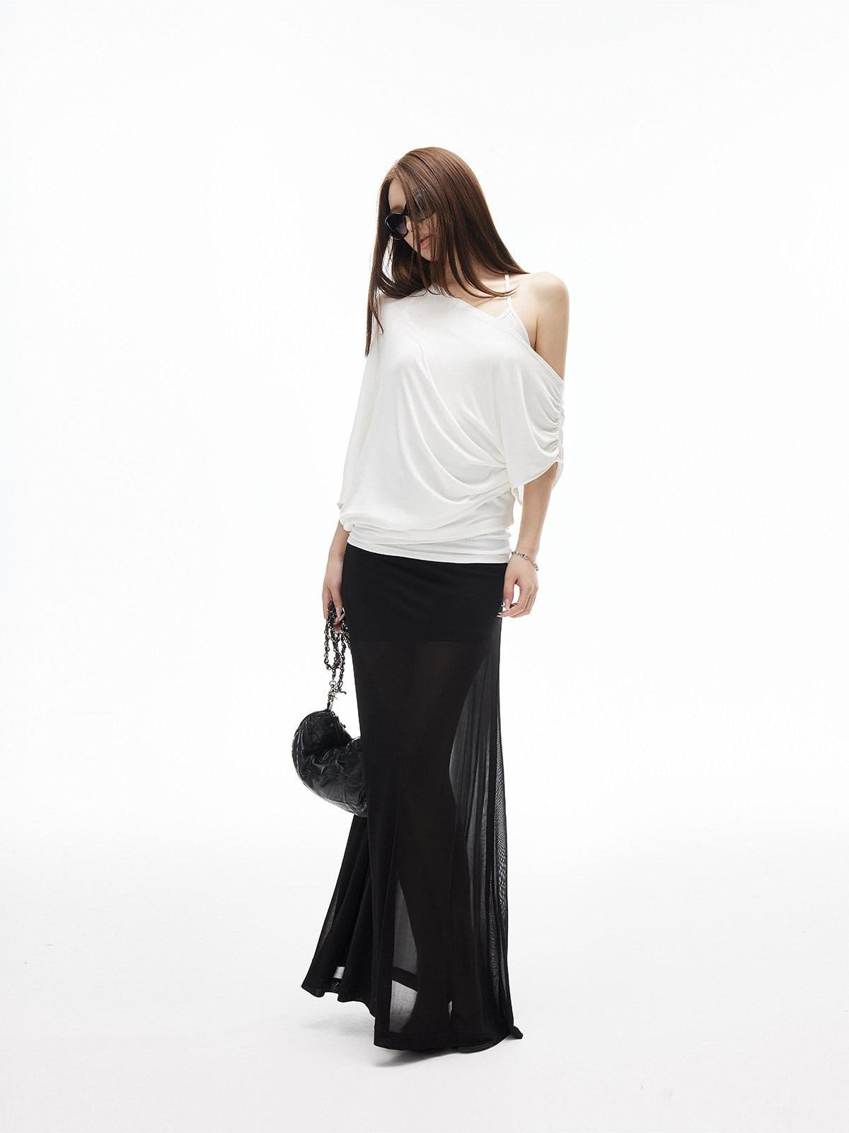 iamxiaa Ribbed Waist Back Slit Sheer Tulle Micro A Line Slim Women&