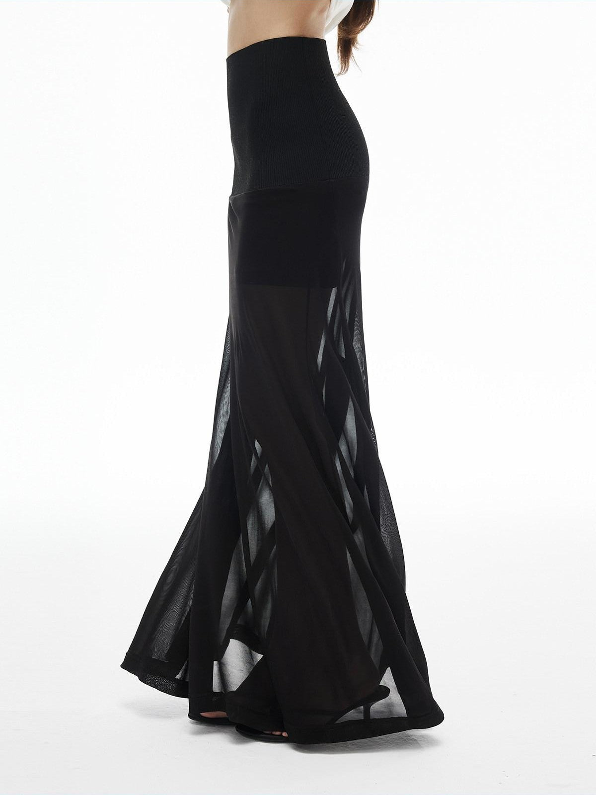 iamxiaa Ribbed Waist Back Slit Sheer Tulle Micro A Line Slim Women&