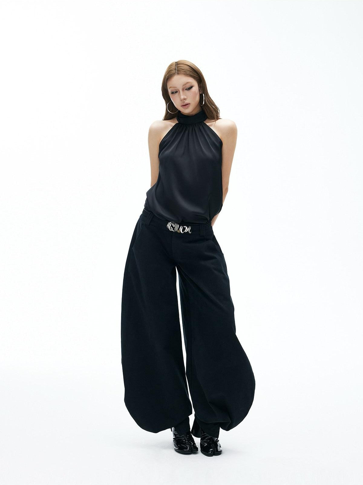 iamxiaa Ruched Cutout Shoulders Back Ribbon Women&