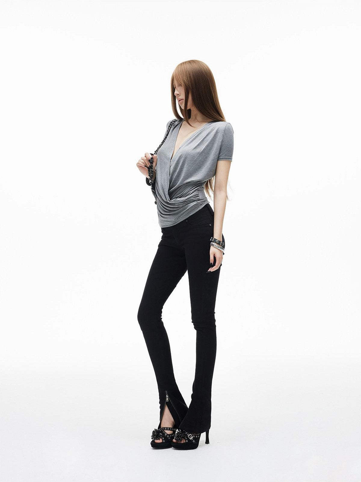 iamxiaa Ruched Wrap Deep V Adjustable Snap Women&