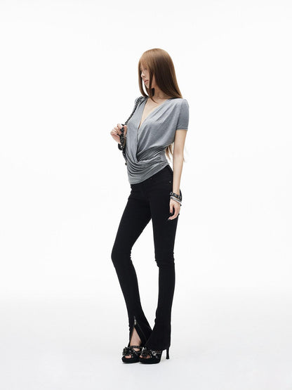 iamxiaa Ruched Wrap Deep V Adjustable Snap Women&