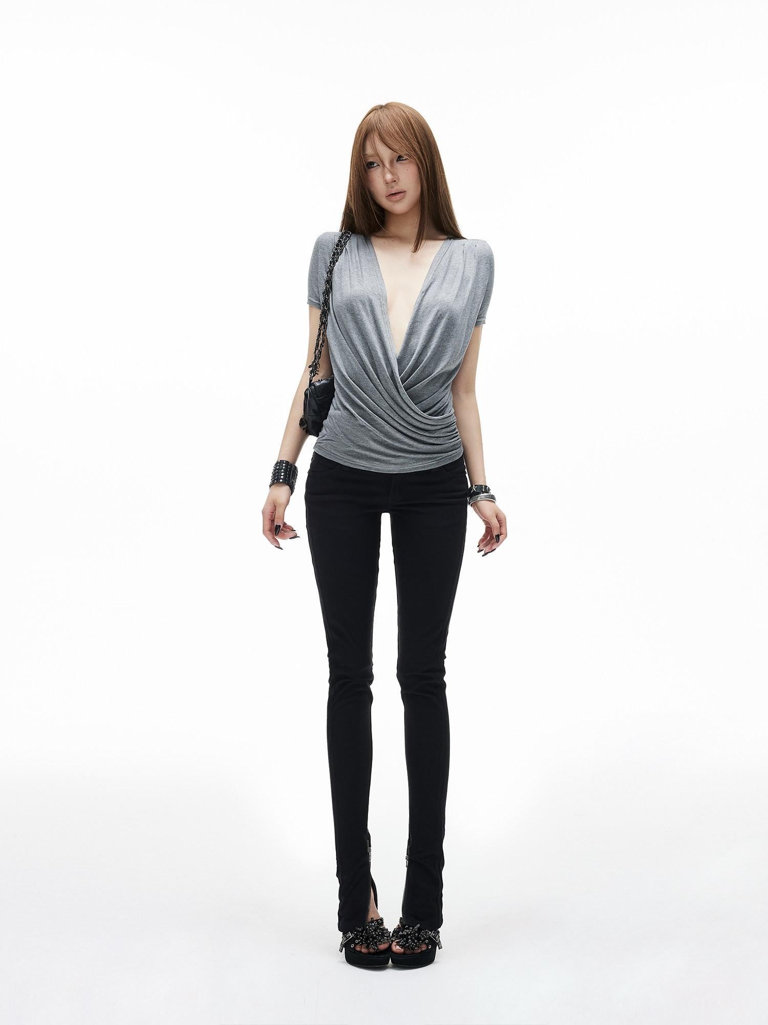 iamxiaa Ruched Wrap Deep V Adjustable Snap Women&