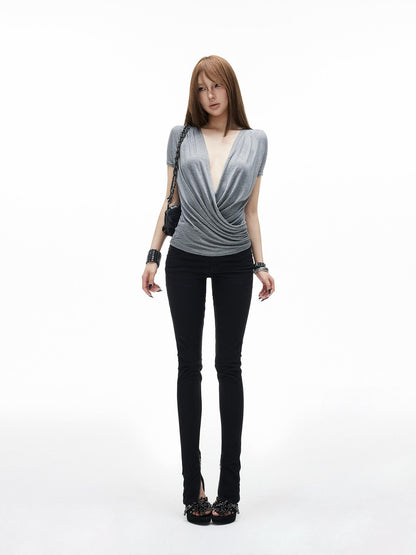 iamxiaa Ruched Wrap Deep V Adjustable Snap Women&