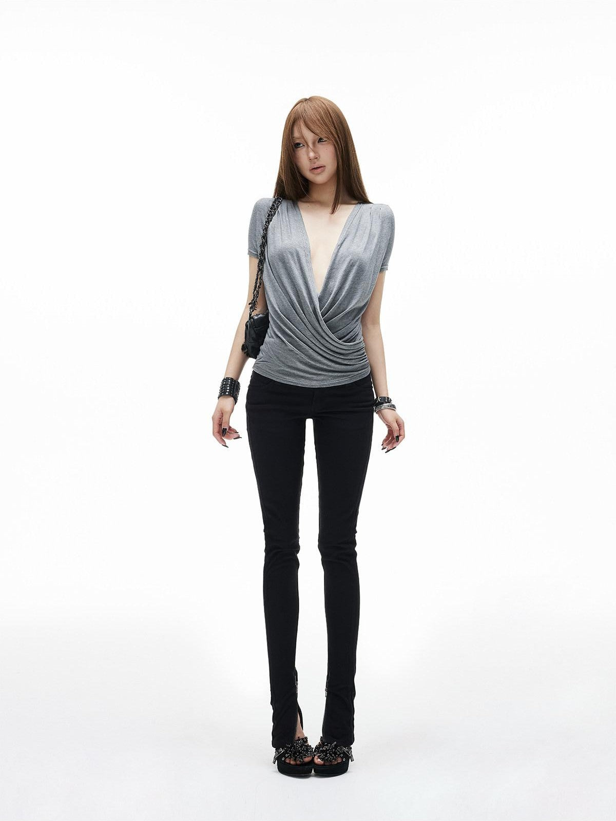 iamxiaa Ruched Wrap Deep V Adjustable Snap Women&