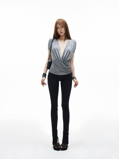 iamxiaa Ruched Wrap Deep V Adjustable Snap Women&