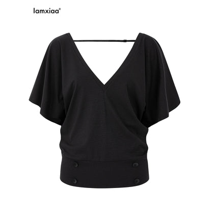 iamxiaa_Ruffle_Sleeve_V-neck_Adjustable_Open_Back_Buttons_Women&