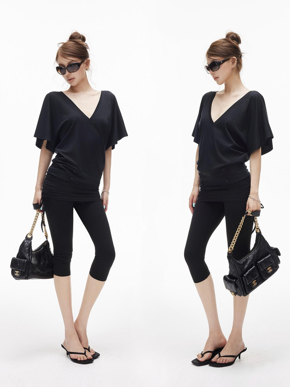 iamxiaa Ruffle Sleeve V-neck Adjustable Open Back Buttons Women&