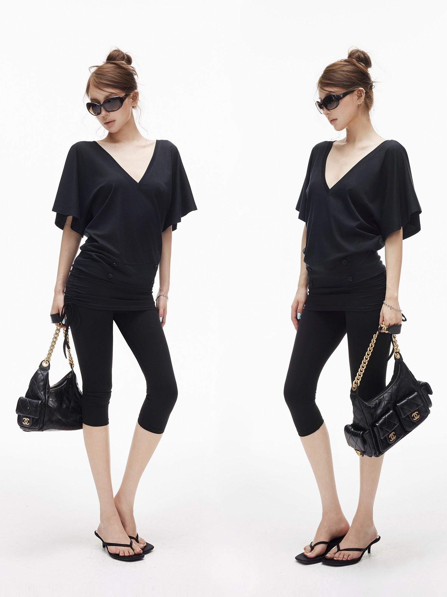 iamxiaa Ruffle Sleeve V-neck Adjustable Open Back Buttons Women&
