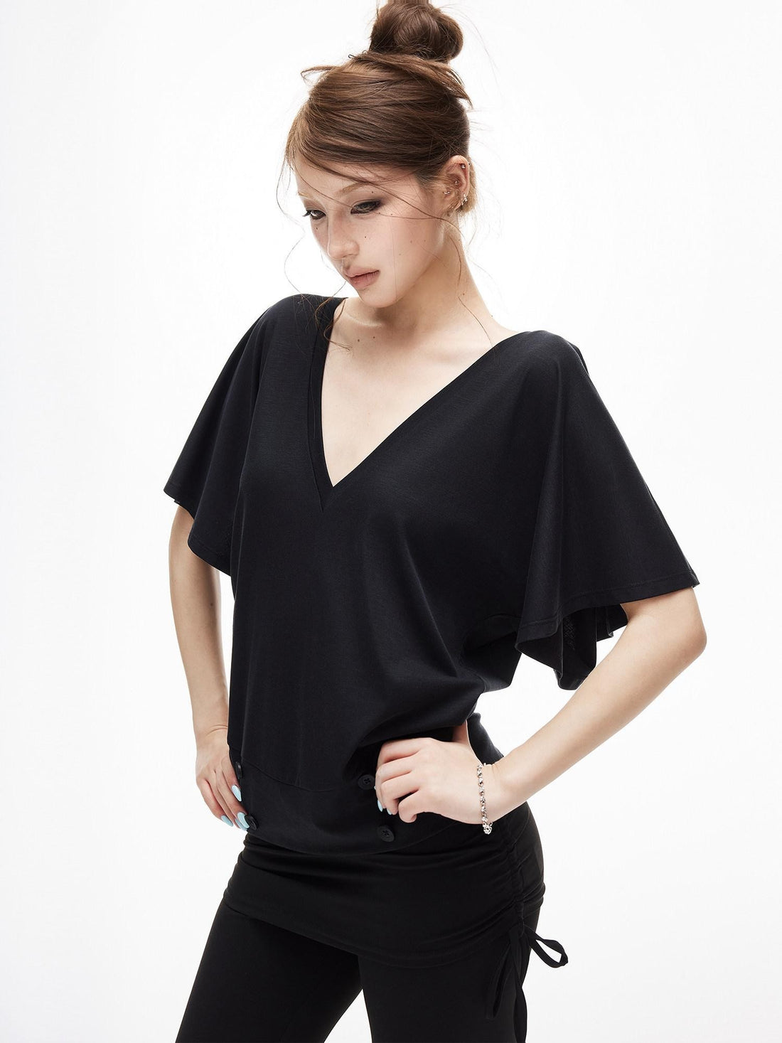 iamxiaa Ruffle Sleeve V-neck Adjustable Open Back Buttons Women&