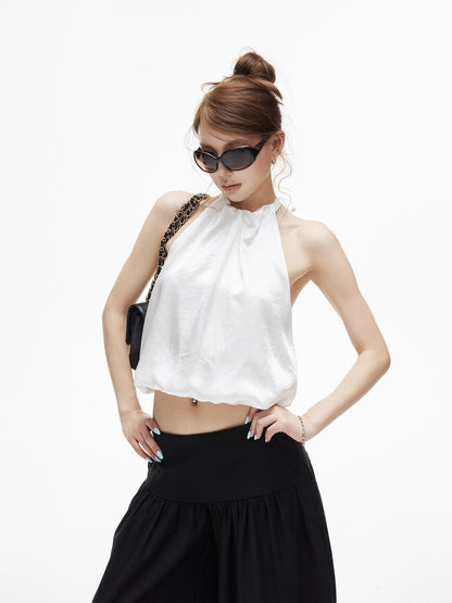 iamxiaa Satin Halter Tie Open Back A Line Loose Short Women&