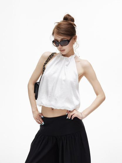 iamxiaa Satin Halter Tie Open Back A Line Loose Short Women&